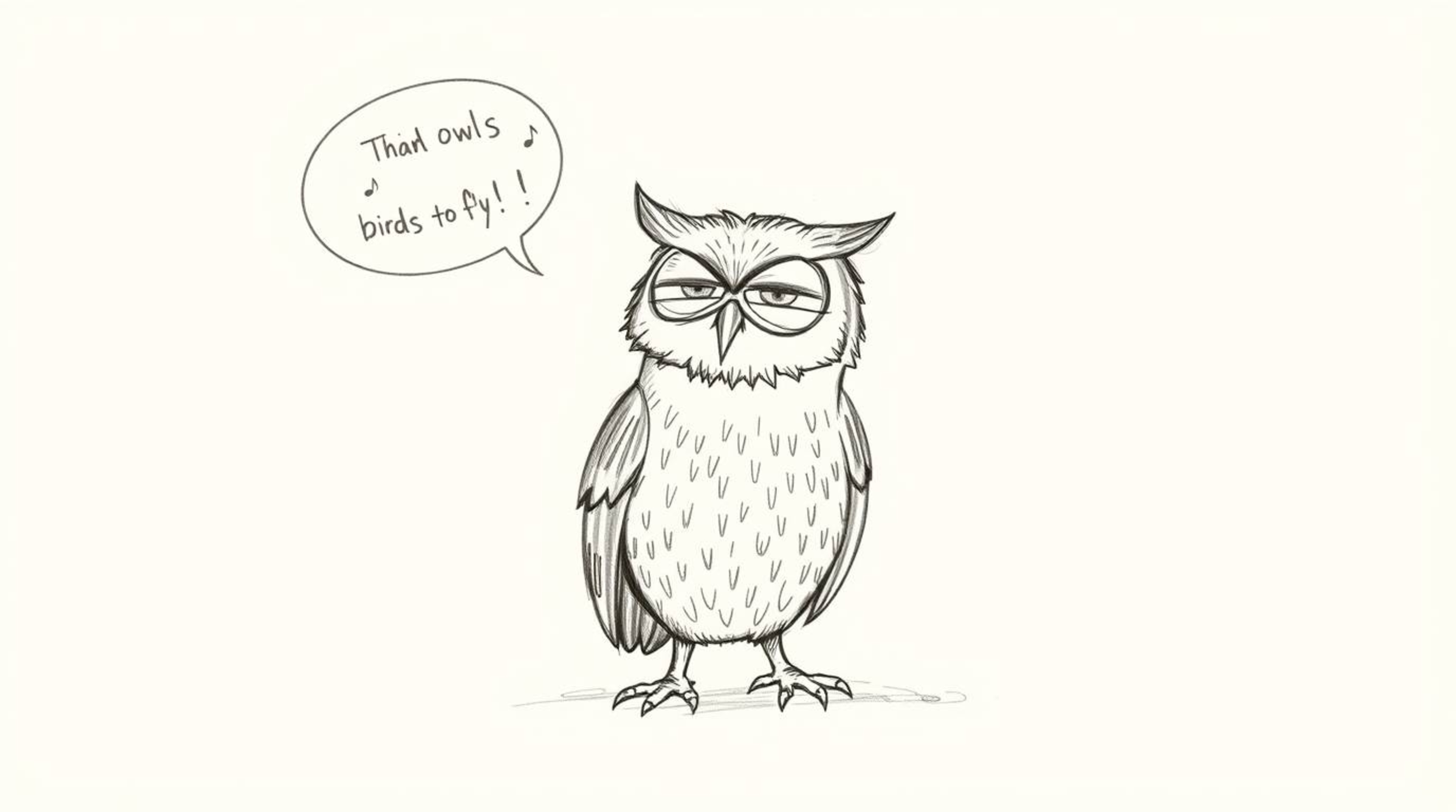 A hand-drawn sketch in the style of Pixar depicts a blind owl, rendered with textured pencil strokes, passionately teaching b