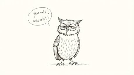 A hand-drawn sketch in the style of Pixar depicts a blind owl, rendered with textured pencil strokes, passionately teaching b