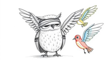 A whimsical, hand-drawn sketch in the style of Pixar, featuring a blind owl with gentle lines and textured pencil strokes. Th