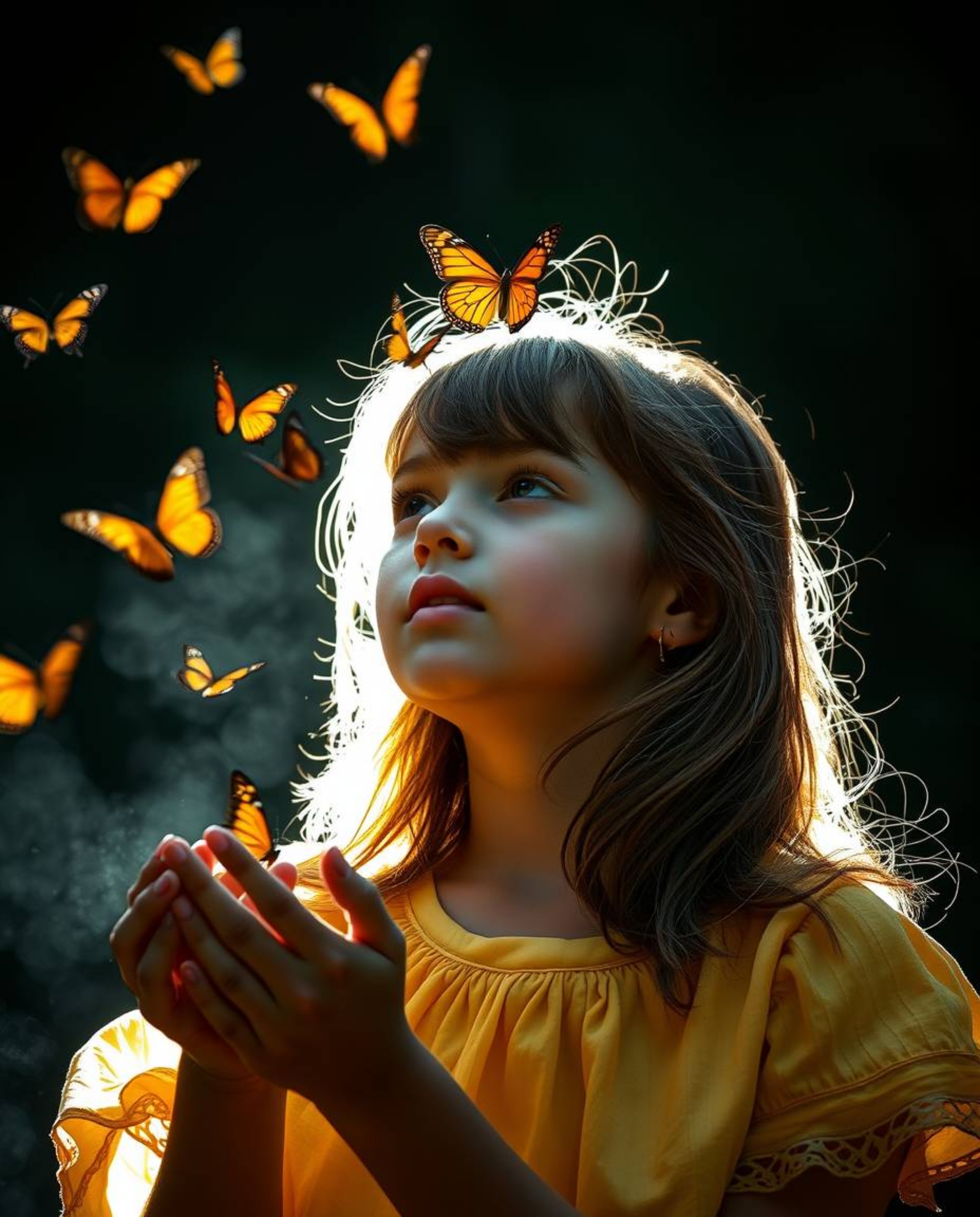 A captivating high-resolution photograph showcases a girl releasing butterflies into the air, beautifully illuminated with st