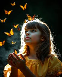 A captivating high-resolution photograph showcases a girl releasing butterflies into the air, beautifully illuminated with st