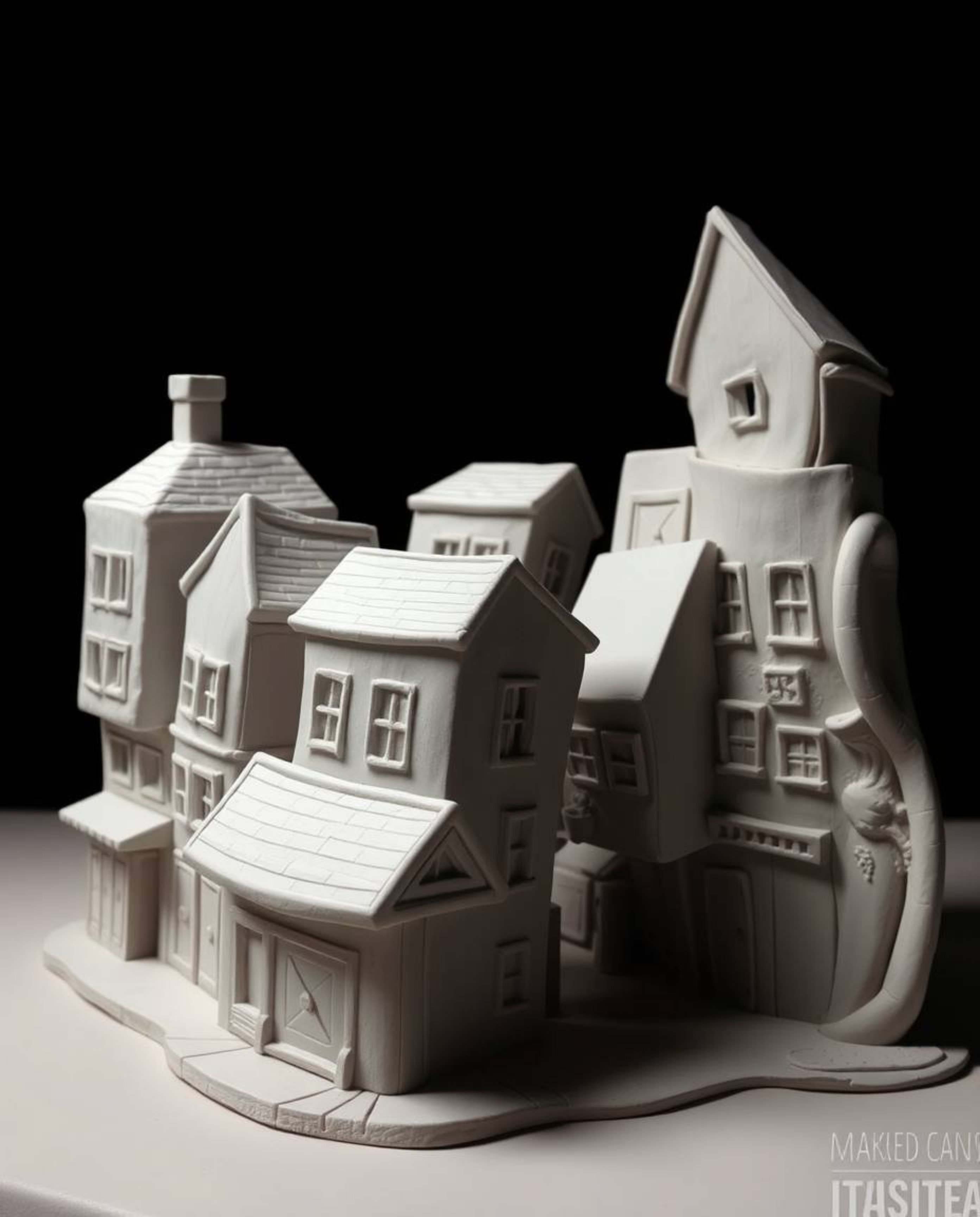 Explore a surreal street scene brought to life through sculptural clay art. This artwork features modeled shapes and textured