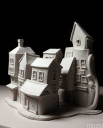 Explore a surreal street scene brought to life through sculptural clay art. This artwork features modeled shapes and textured