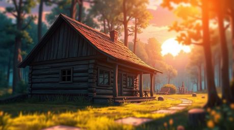Experience the magical allure of an isekai anime-style depiction of an old wooden cabin nestled within a sunset-drenched fore