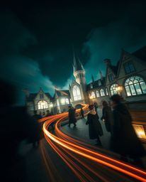Capture the enchanting world of a magical school filled with young wizards from a unique, elevated perspective using high-ang