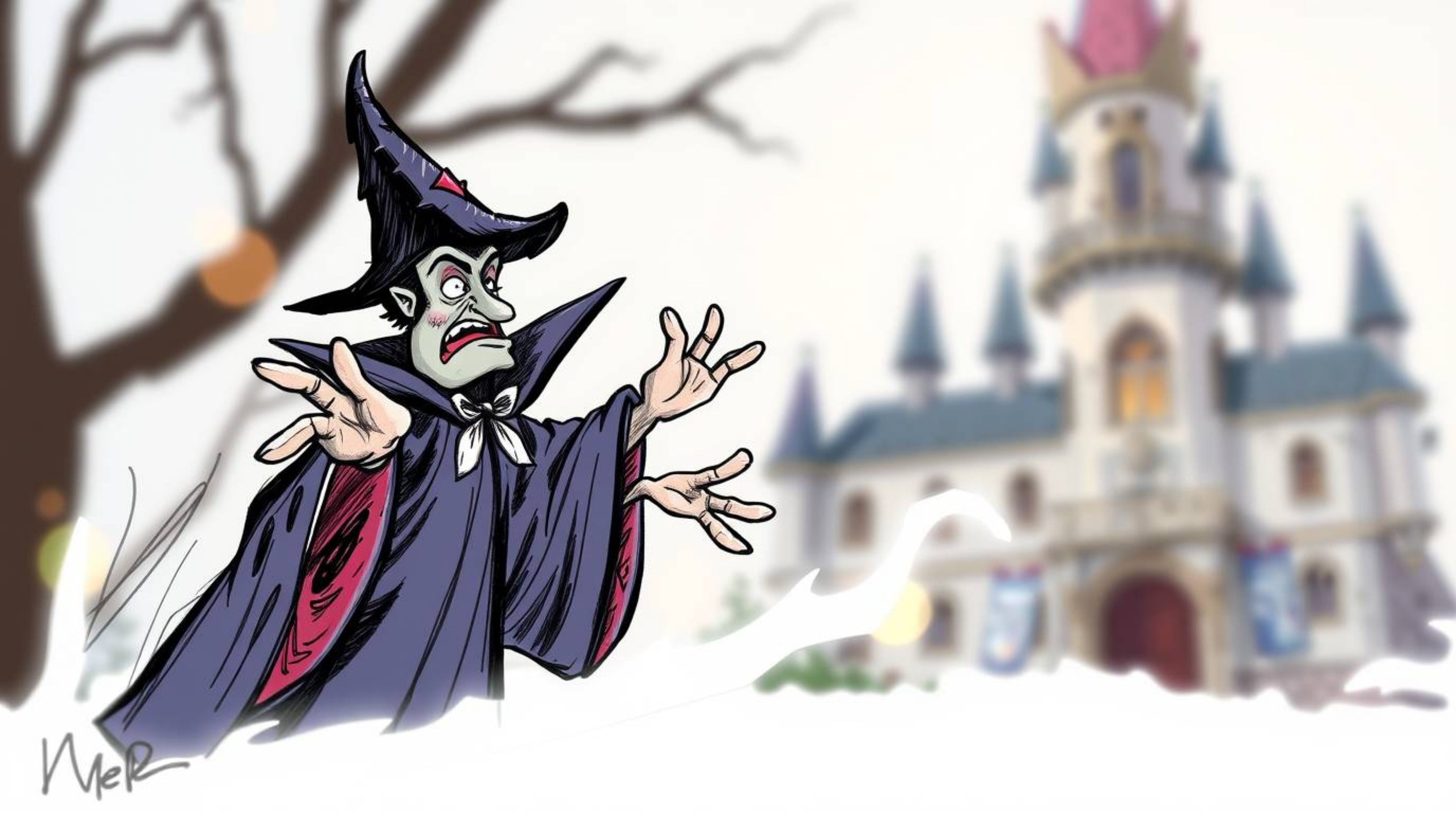 A color sketchnote style illustration depicting a classic Disney villain with exaggerated features casting a spell in a detai