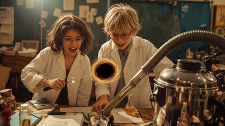 A highly detailed, cinematic photograph captures a moment of Pixar-inspired wonder and chaos. Two excited and disheveled teen