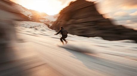Experience the beauty of dynamic motion captured in natural earth tones as subjects navigate a breathtaking sunset over icy g