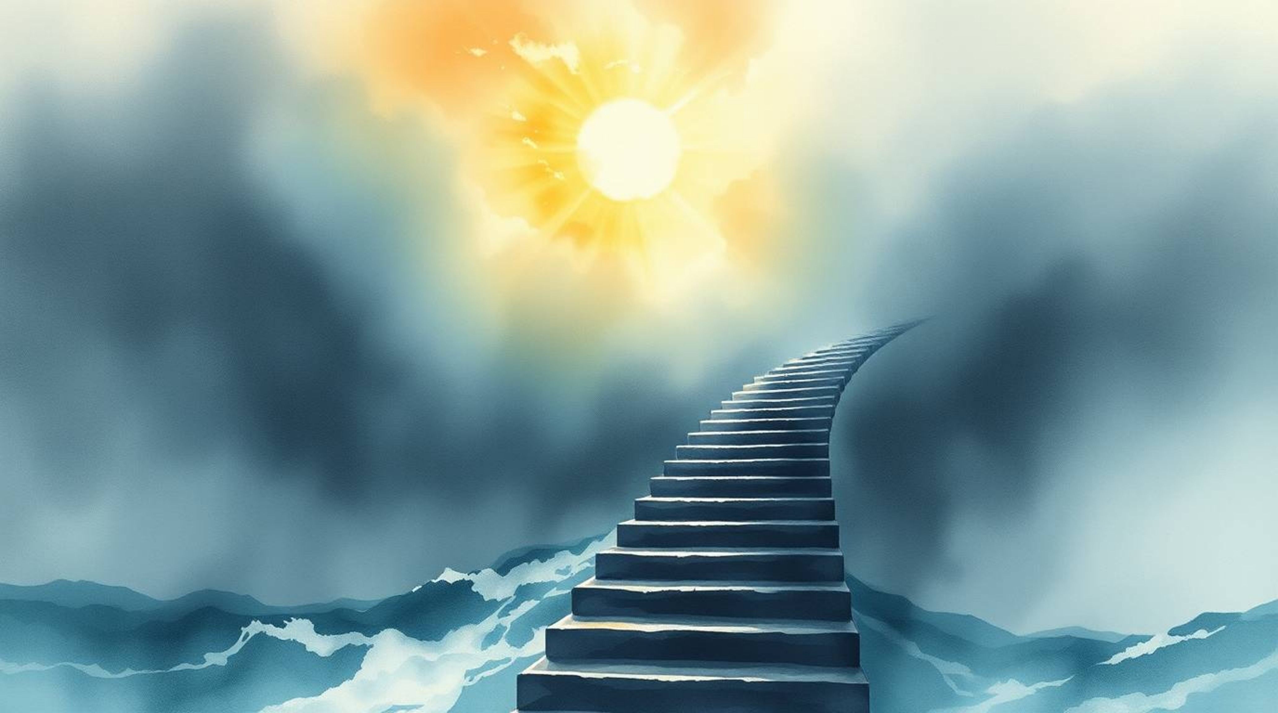 A delicate watercolor painting depicts a dramatic ocean staircase ascending into a stormy sky, illuminated by a divine sunbur