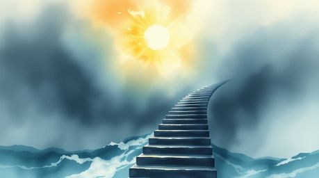 A delicate watercolor painting depicts a dramatic ocean staircase ascending into a stormy sky, illuminated by a divine sunbur