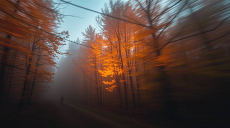 Experience the captivating beauty of an autumn forest bathed in the golden light of sunset.  This dynamic image features thic