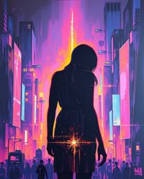 Experience a captivating blend of bold acrylic painting and futuristic aesthetics. This artwork showcases a silhouetted citys