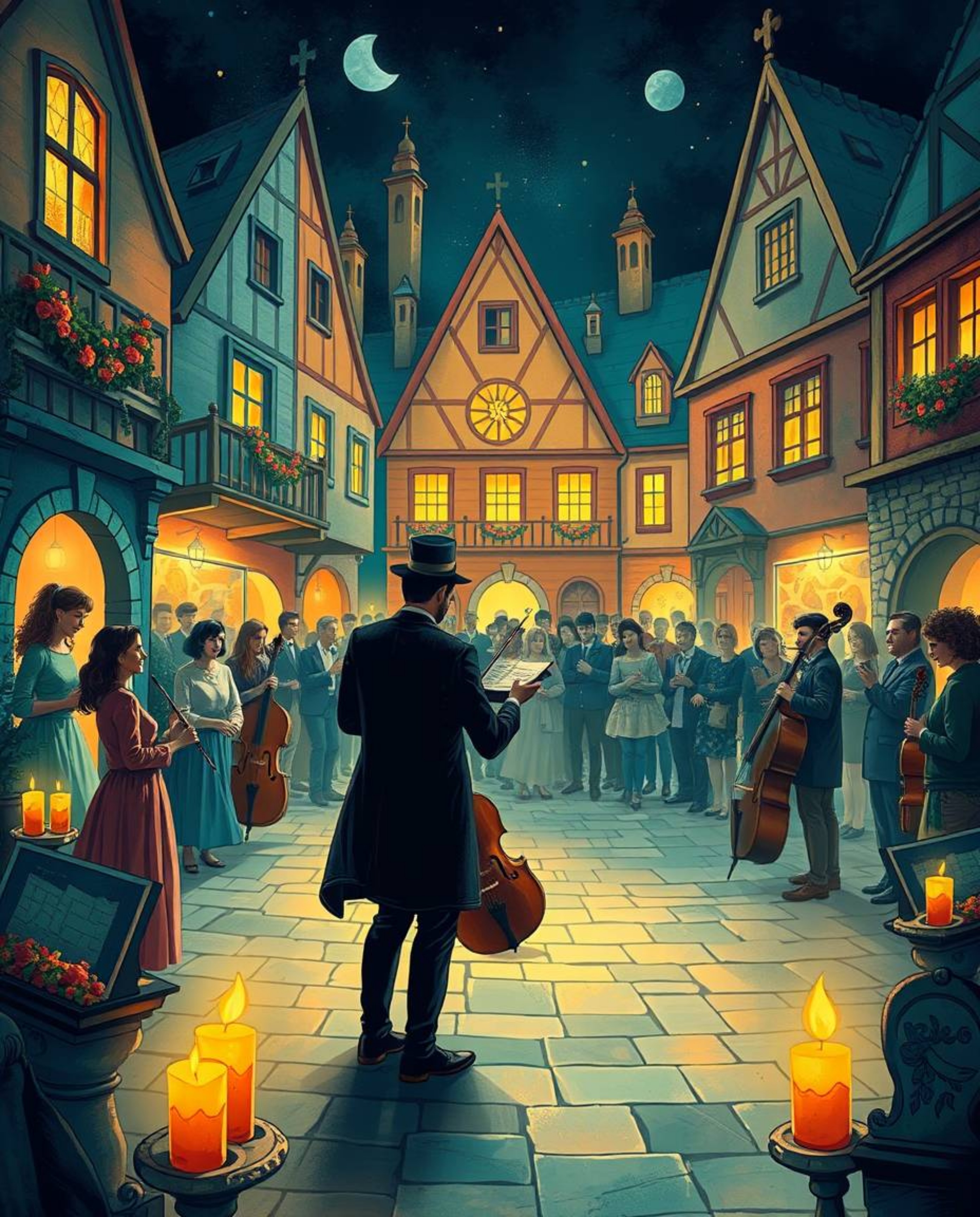 Immerse yourself in a richly detailed illustration showcasing a captivating musical number in a brightly lit town square. The
