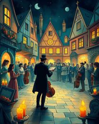 Immerse yourself in a richly detailed illustration showcasing a captivating musical number in a brightly lit town square. The