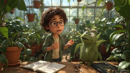 a vibrant, whimsical photograph reminiscent of Pixar, depicting a bespectacled, curly-haired young genius, likely around 12 y