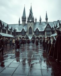 Immerse yourself in a magical school teeming with young wizards, captured in a surreal infrared tone. This scene depicts a we
