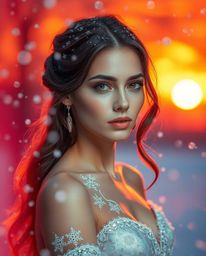A graceful and elegant figure is captured amidst the beauty of snowflakes falling during a vibrant sunset. The composition is