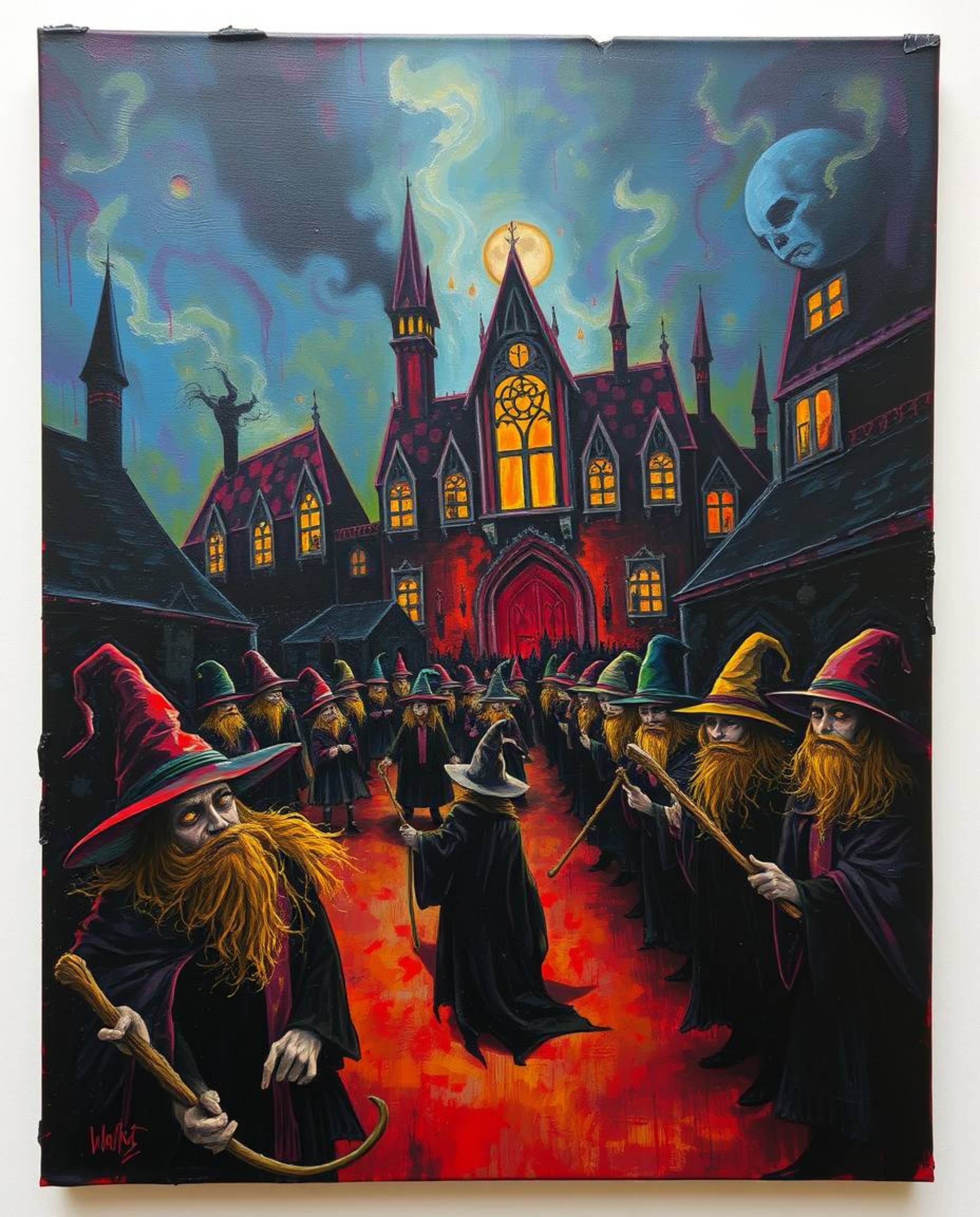 This bold acrylic painting captures an eerie and creepy atmosphere within a magical school teeming with young wizards.  The a