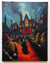 This bold acrylic painting captures an eerie and creepy atmosphere within a magical school teeming with young wizards.  The a