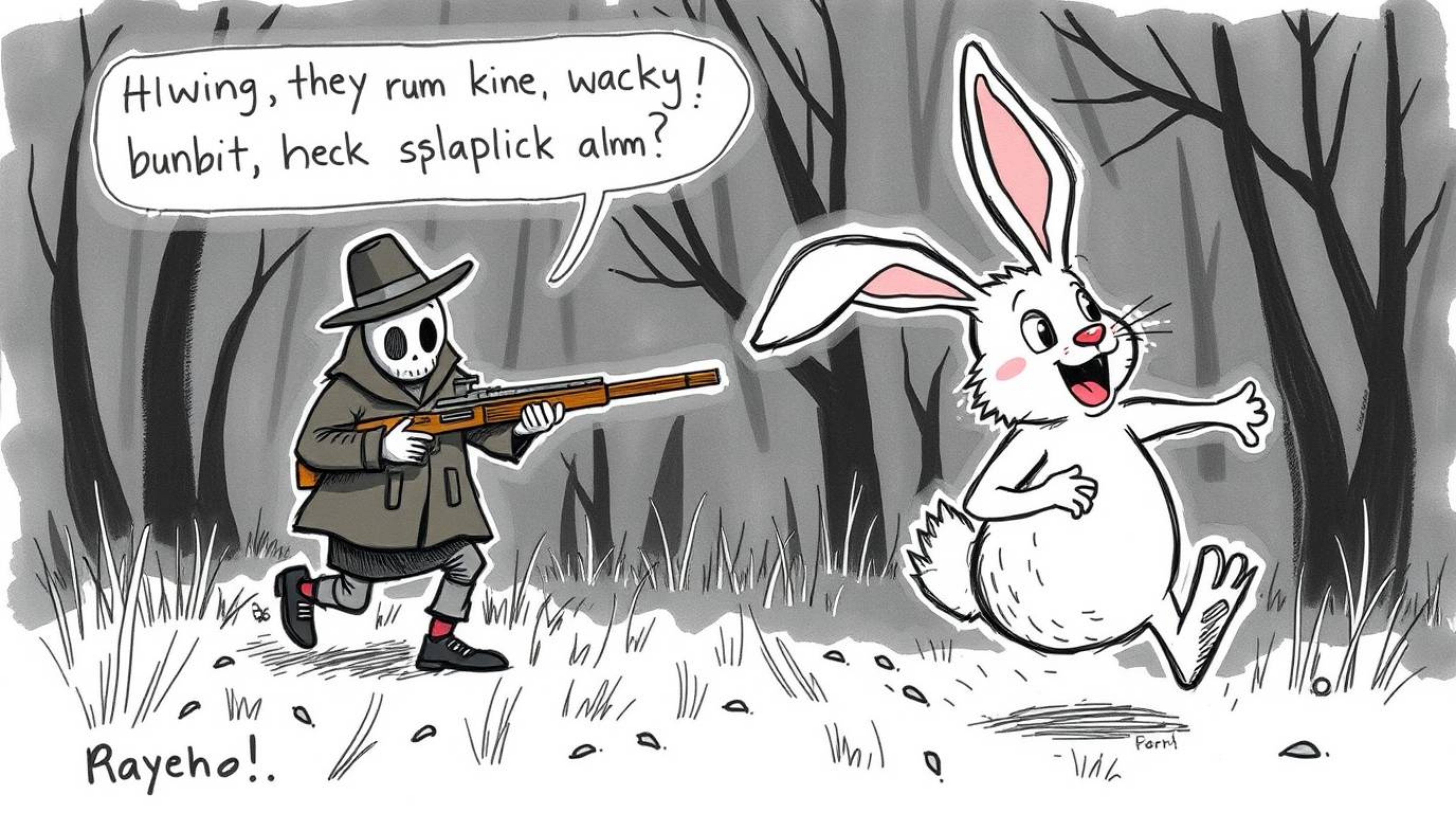 A hand-drawn color sketchnote showcasing a wacky rabbit's hilarious escape from a hunter is brought to life with slapstick hu