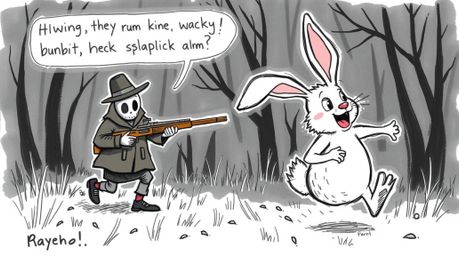 A hand-drawn color sketchnote showcasing a wacky rabbit's hilarious escape from a hunter is brought to life with slapstick hu