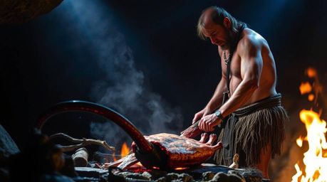 Witness a captivating scene of a caveman skillfully preparing mammoth meat under intense, dramatic lighting. The artwork util