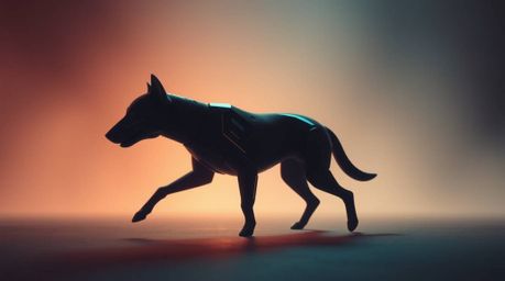 A futuristic dog confidently strides through the cosmos, capturing a dramatic cinematic aesthetic. Smooth gradient transition