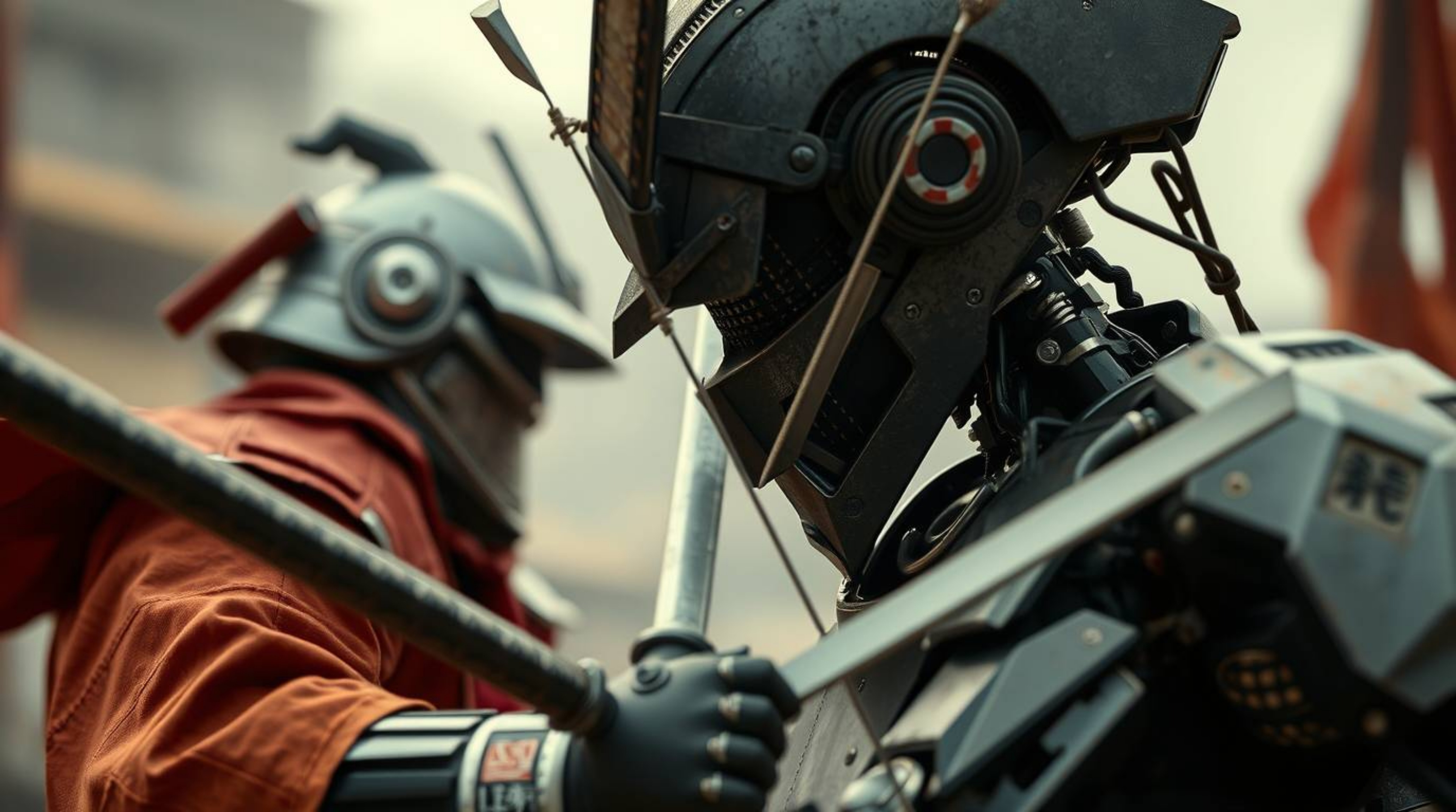 Experience a visually striking depiction of a samurai battling a robot in a dystopian setting through distinct split and extr