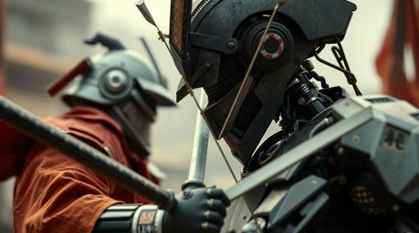 Experience a visually striking depiction of a samurai battling a robot in a dystopian setting through distinct split and extr