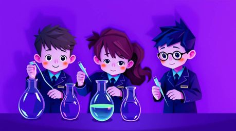 Charming and cute origami-style illustration of quirky children in school uniforms conducting science experiments.  The image