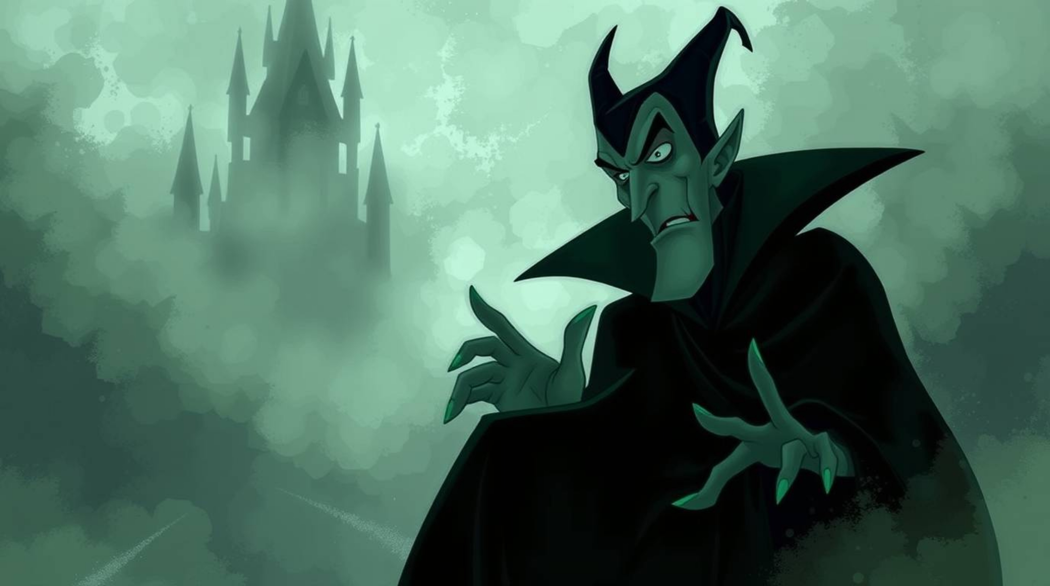 A classic Disney villain, rendered in a painterly style with muted greens and grays, casts a spell within a gothic castle shr