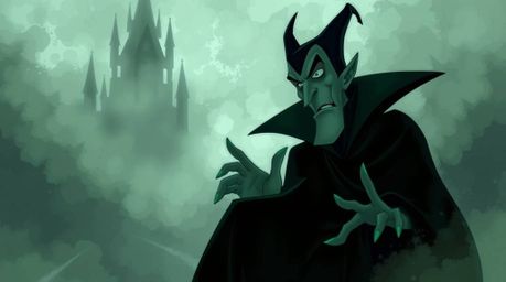 A classic Disney villain, rendered in a painterly style with muted greens and grays, casts a spell within a gothic castle shr