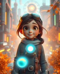 Discover a breathtaking scene of a young inventor girl in a futuristic city, rendered in a stunning Pixar style.  Warm autumn