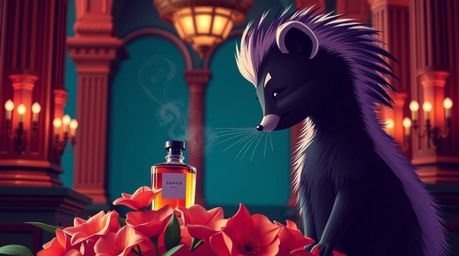 This captivating architectural color photograph showcases a cartoon skunk in a close-up, delicately spraying perfume onto flo