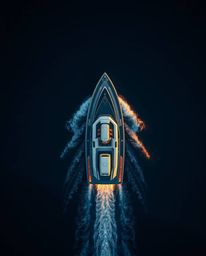 A futuristic sci-fi style is applied to an overhead, bird's-eye view of a boat drifting on a lake at sunset. The scene is cha