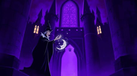 A captivating digital painting depicts a classic Disney villain casting a spell within a vibrant, high-contrast purple castle