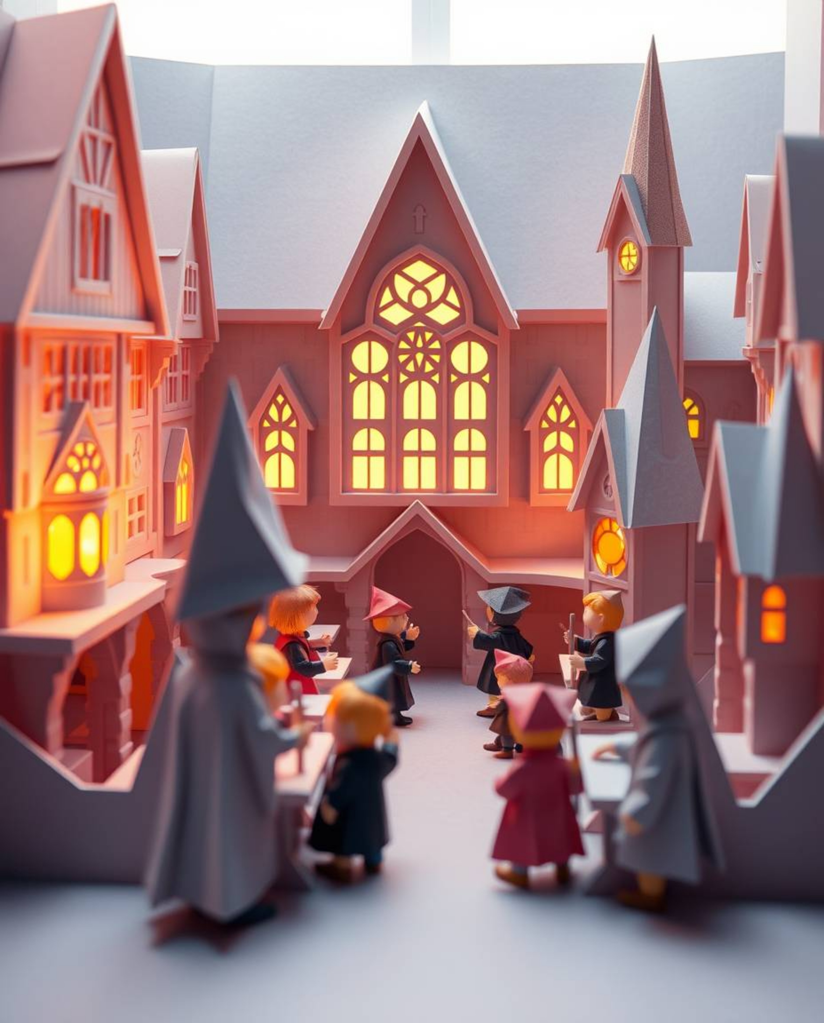 Experience a breathtaking depiction of a magical school teeming with young wizards, rendered in an intricate origami style. T