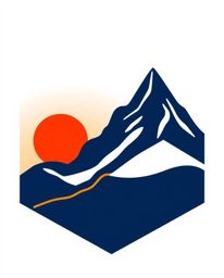 This is a visually clear geometric logo depicting a sunset from a high alpine peak, viewed from a high-angle perspective. The