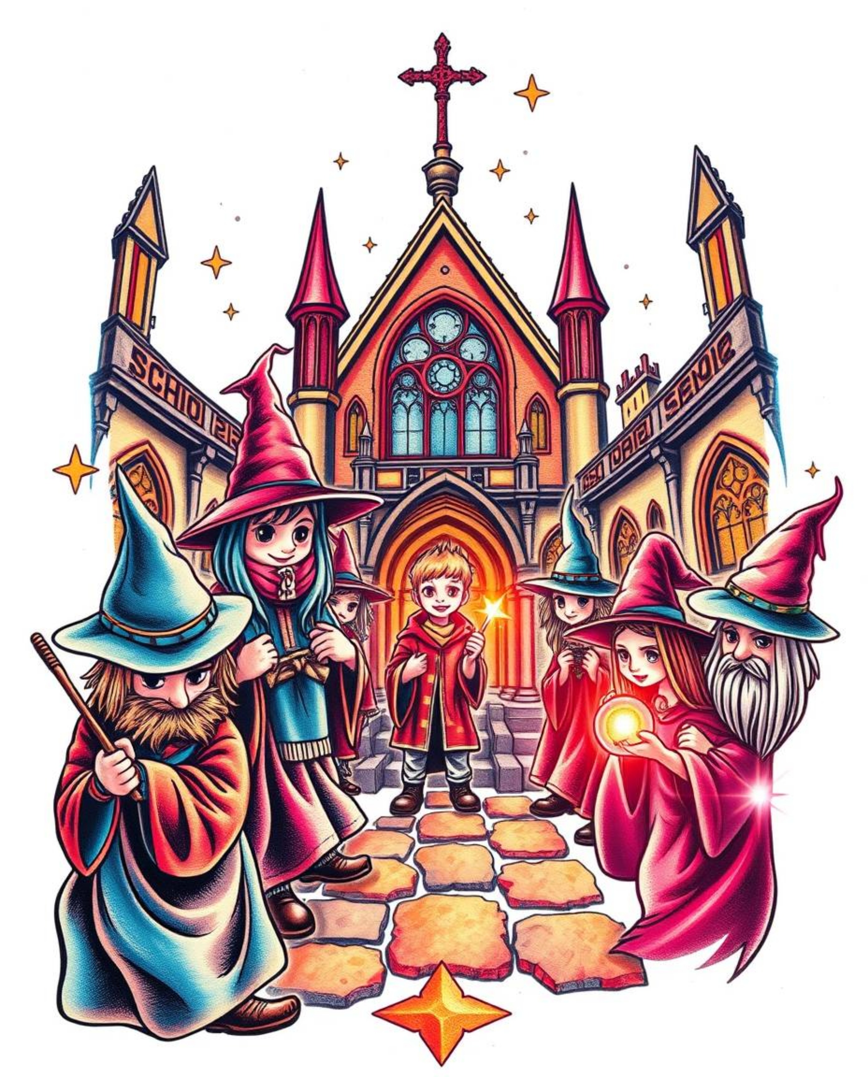 This symbolic traditional tattoo art print features a captivating magical school teeming with young wizards, brought to life 