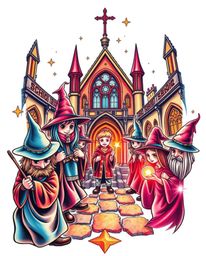 This symbolic traditional tattoo art print features a captivating magical school teeming with young wizards, brought to life 