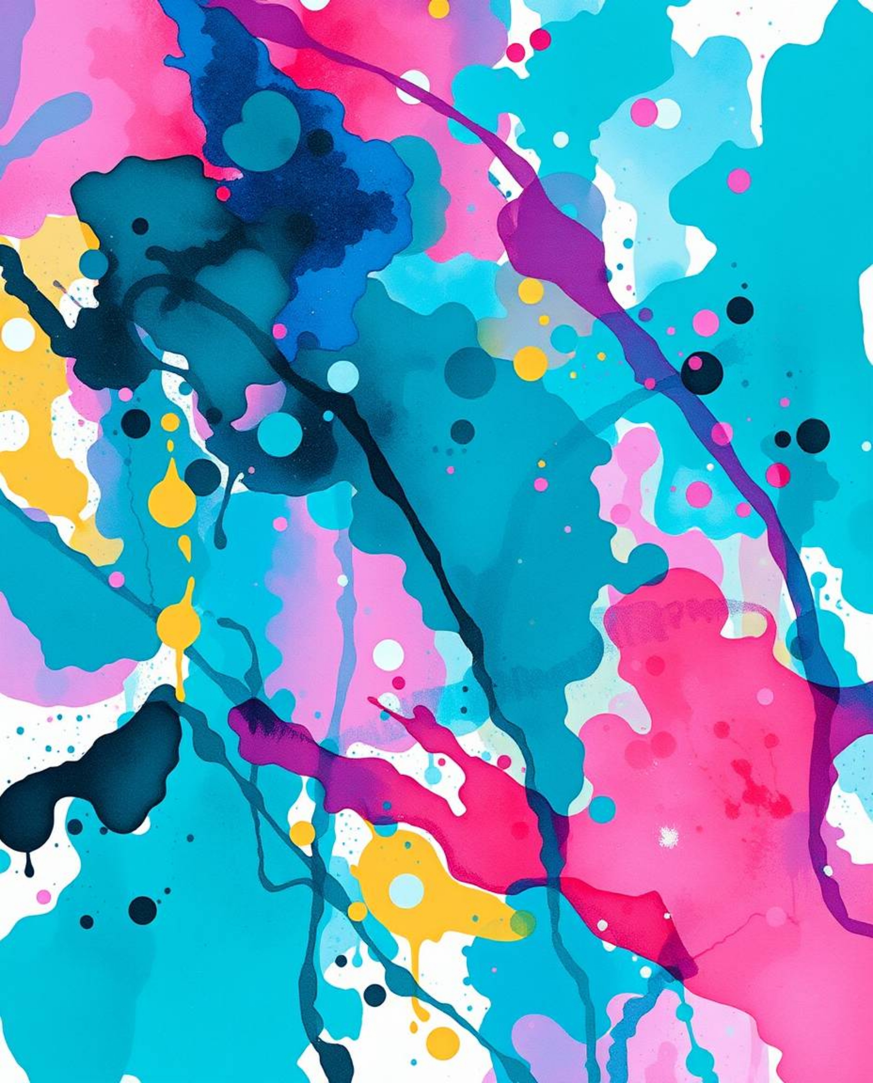 A bold acrylic painting showcasing colorful watercolor splashes blending seamlessly on paper.  Rich deep teal and vivid tones