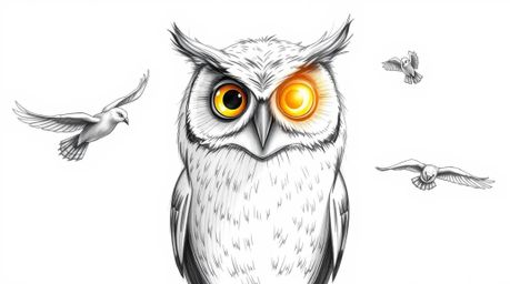 A heartwarming hand-drawn sketch in the style of Pixar, depicting a blind owl with sunlit, glowing feathers teaching birds ho