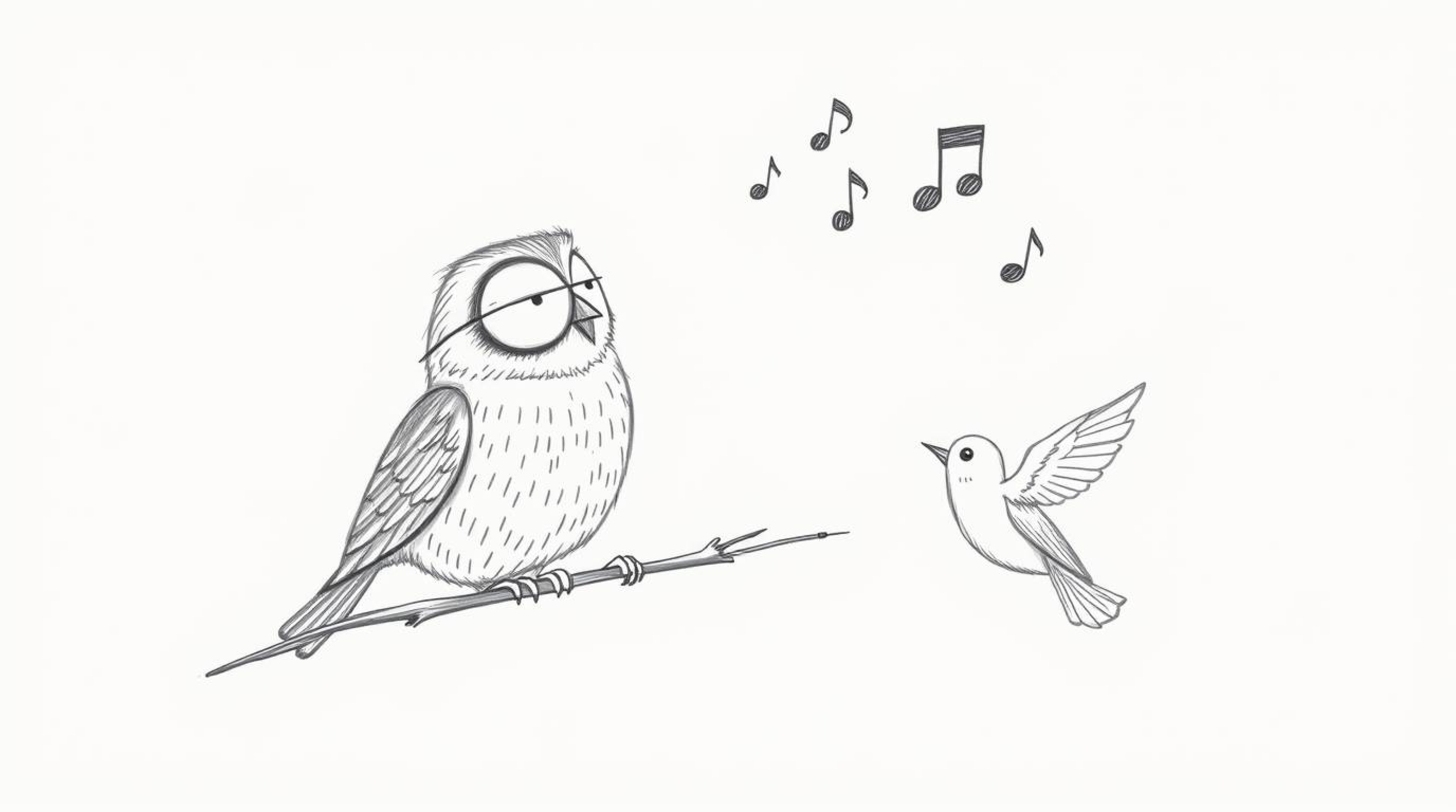 A heartwarming scene depicts a blind owl, drawn in textured pencil strokes reminiscent of Pixar, diligently teaching birds ho