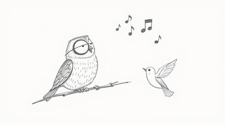 A heartwarming scene depicts a blind owl, drawn in textured pencil strokes reminiscent of Pixar, diligently teaching birds ho