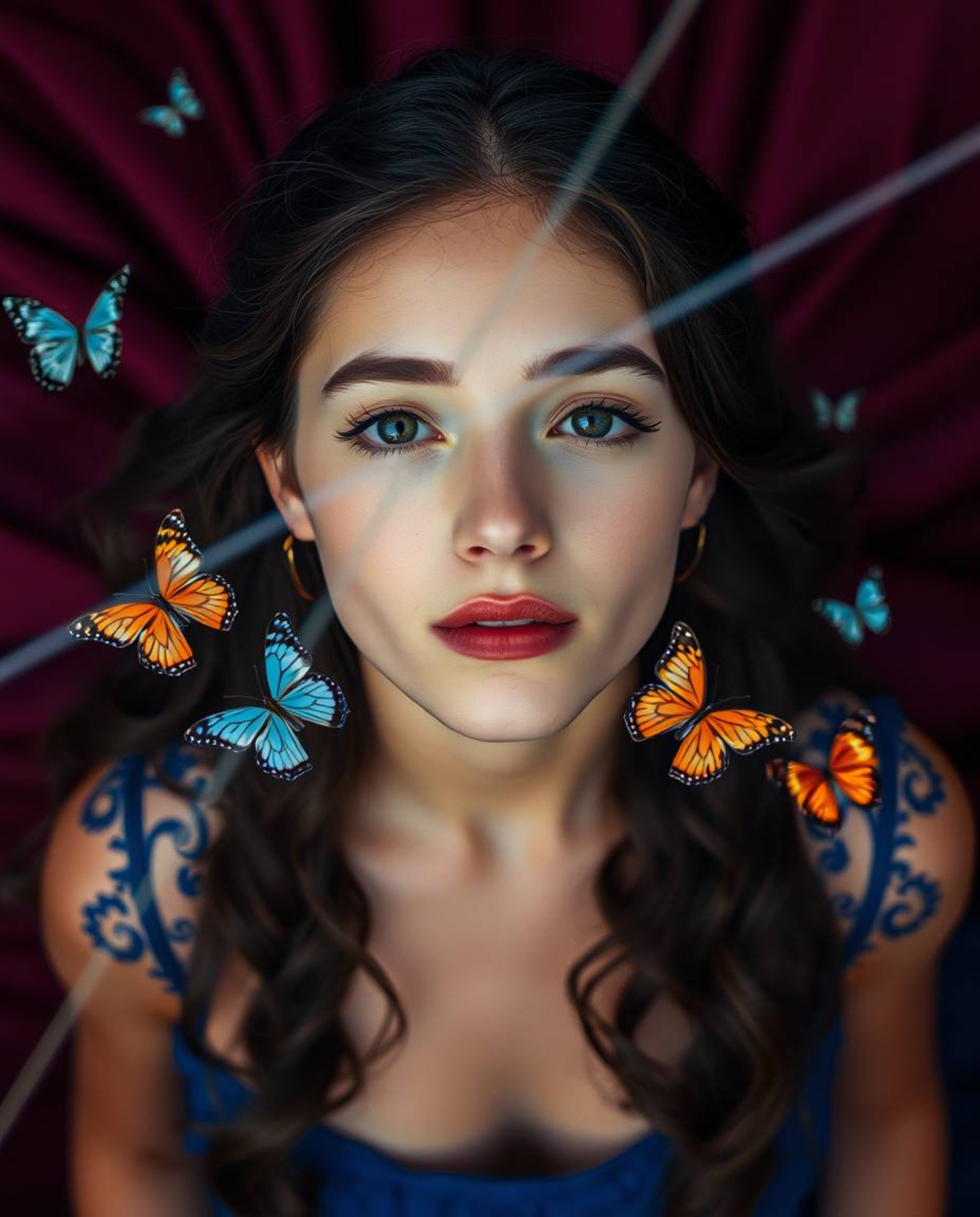 A captivating overhead shot showcases a girl with delicate features releasing butterflies against a stunning backdrop of burg