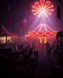 Experience a dramatic and cinematic scene where a vibrant carnival, bathed in warm reds, oranges, and yellows, has been unexp