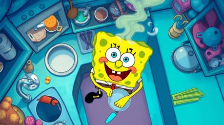 This overhead bird's eye view illustration showcases a vibrant sponge character cooking in an underwater kitchen. Rendered in