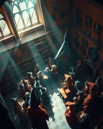 Explore a magical school filled with young wizards, captured with high contrast and low-key lighting. The warm terracotta and