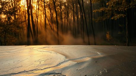 A cast bronze surface evokes warm autumnal colors, capturing the serene beauty of mist rising from a forest during the golden