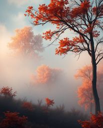 Explore mesmerizing 3D art featuring thick foggy surroundings, warm autumn hues, and smooth gradient textures. This futuristi